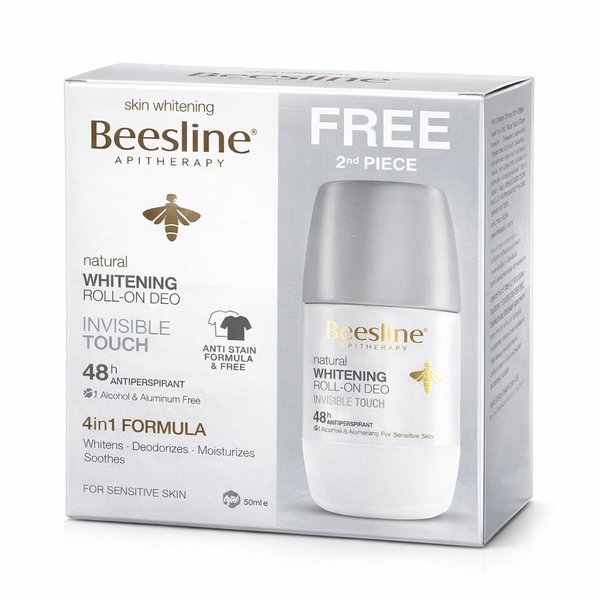 BEESLINE Natural Whitening Roll On Deodorant Super Dry 48h 1+1 50ml - Invisible Touch  بيزلاين مزيل تعرق يمنحك انتعاشًا يدوم مع رائحة استوائية